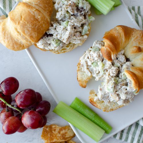 Vegan Chicken on Croissants with grapes and celery