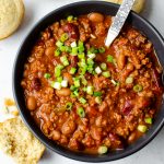 Easy Vegetarian Chili in a black bowl