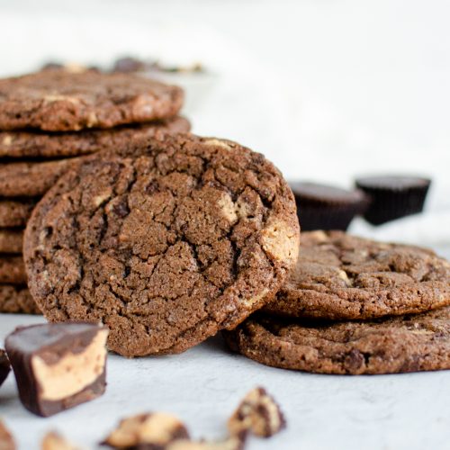 Chocolate Cookies with Peanut Butter Cups stacked