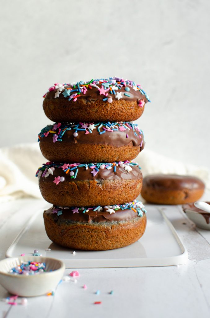 Chocolate Glazed donuts in a stack