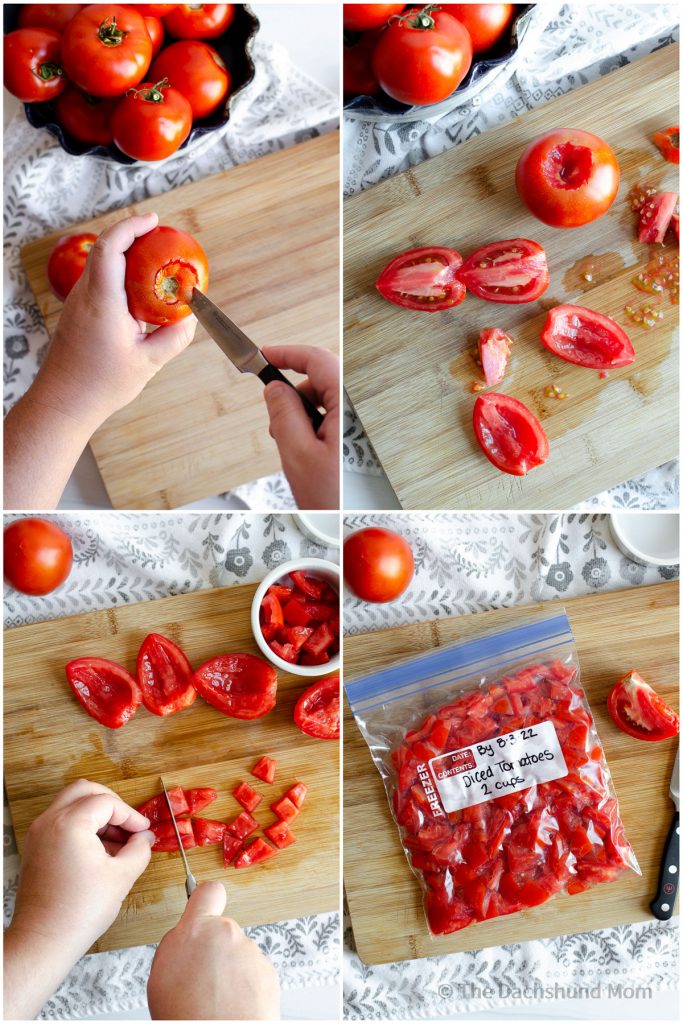 Steps for freezing fresh diced tomatoes