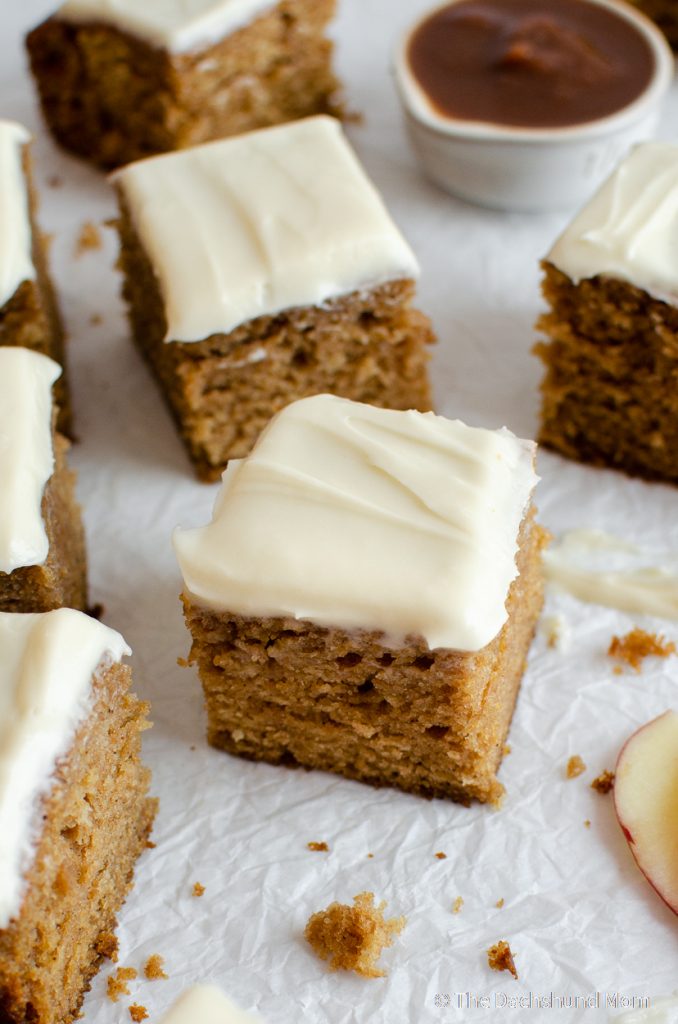 Cream cheese frosting on apple butter cake