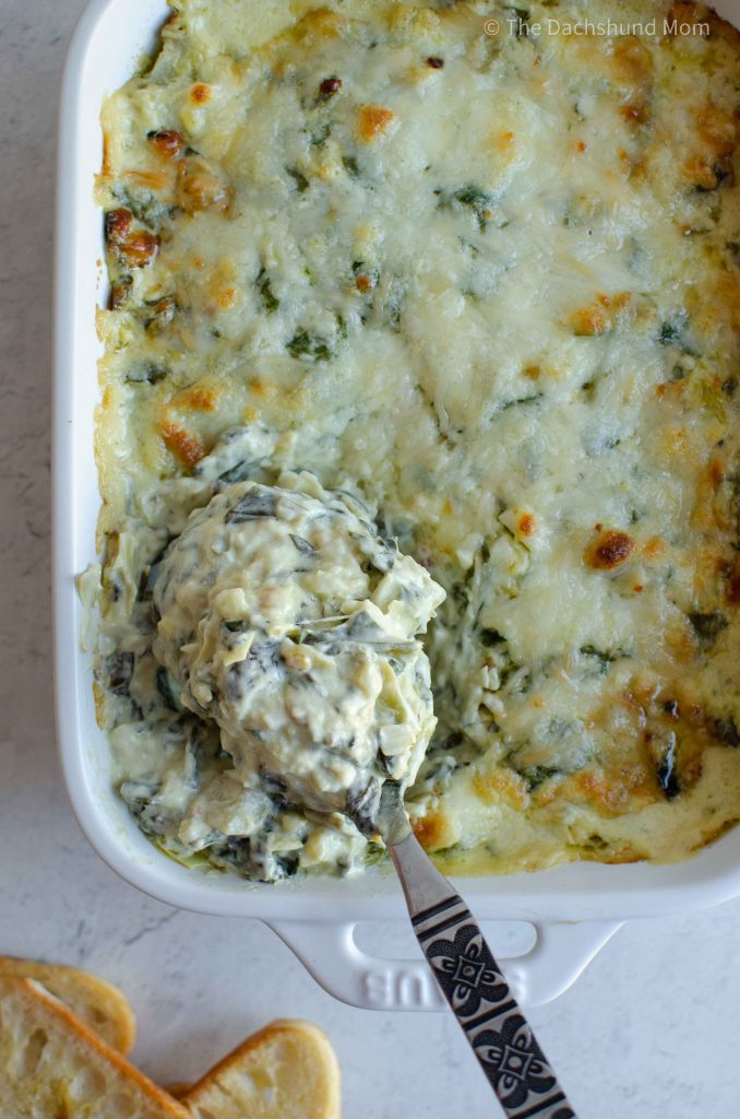 Spinach Artichoke Dip being served with a spoon.