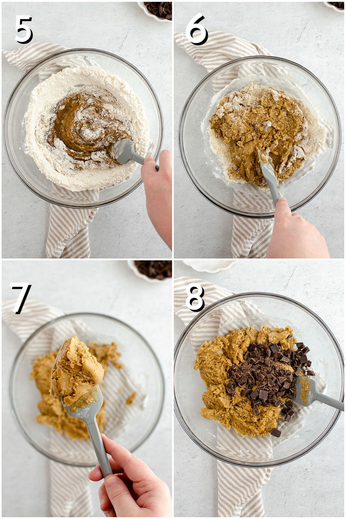 Combining dry ingredients into wet ingredients and stirring to form cookie dough. Then, adding chocolate chunks.