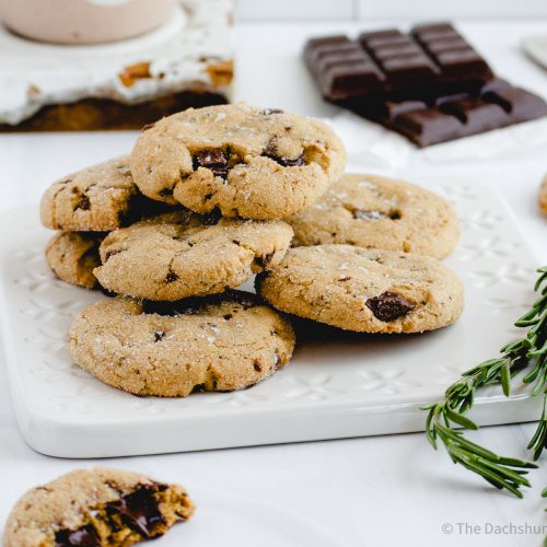 Rosemary Chocolate Chip Cookies served on a white plate
