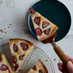 Strawberry Cornbread Cake being served on a plate.